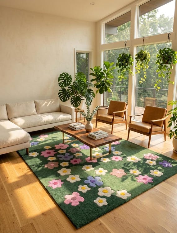 Hand Tufted Wool Floral Area Rug Green Daisy Carpet for Living Room Bedroom Nursery