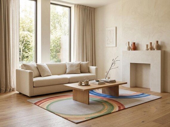 Hand-Tufted Modern Geometric Circle Wool Rug - Colorful Rainbow Area Rug