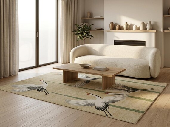 Japanese Crane Hand-Tufted Wool Area Rug - Traditional Asian Flying Birds Zen Carpet for Living Room & Bedroom