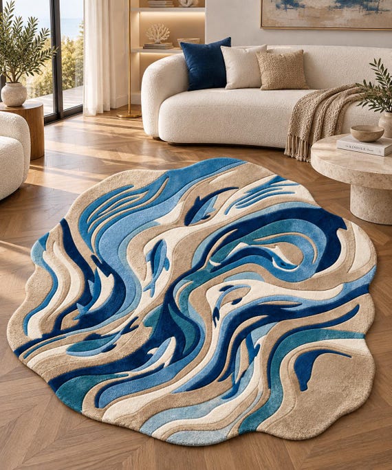 Ocean Wave Wool Rug, Abstract Blue Teal Beige Area Rug, Hand Tufted Organic Round Shape Carpet, Modern Coastal Living Room Rug