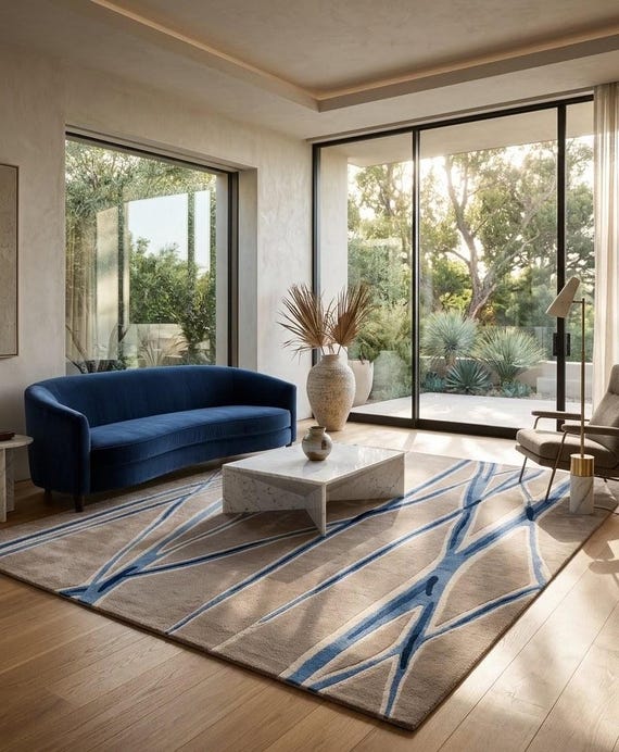 Modern Abstract New Zealand Wool Area Rug, Blue Geometric Linear Pattern, Luxury Contemporary Living Room Floor Decor