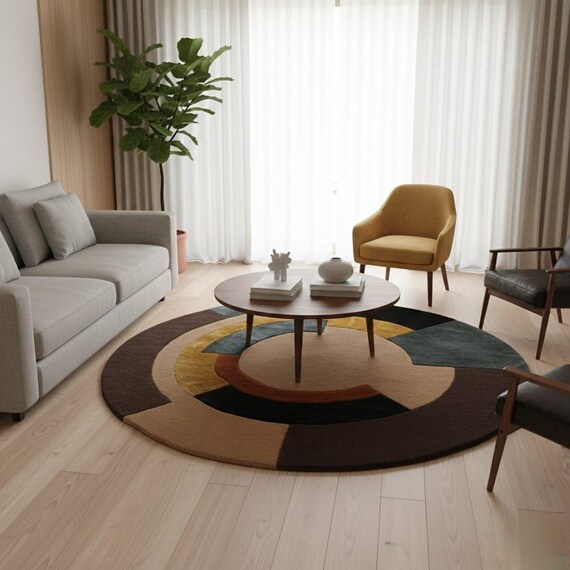 Abstract Round Wool Area Rug Geometric Color Block Modern Floor Decor