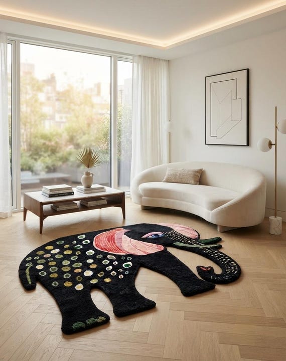 Hand Tufted New Zealand Wool Elephant Rug, Pink Animal Area Rug, Nursery and Kids Room Floor Decor