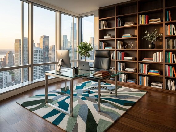 Modern Abstract Teal Blue Hand-Tufted 100% Pure Wool Area Rug (8 x 10 Ft)