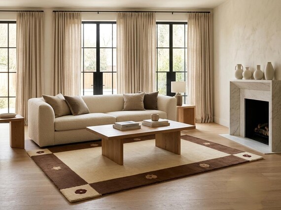 Luxury Hand-Tufted Wool Border Rug | Cream & Dark Brown Floral Area Rug