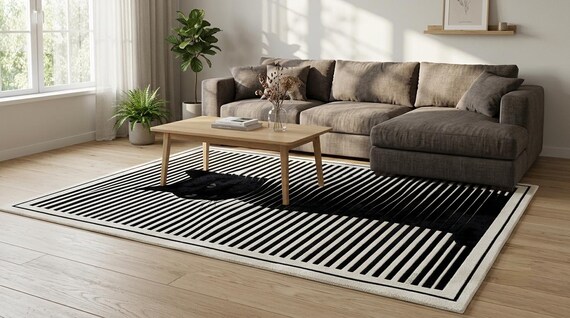 Modern Black Cat Wool Area Rug - Minimalist Striped Nursery & Kids Play Mat (5x7 Ft)