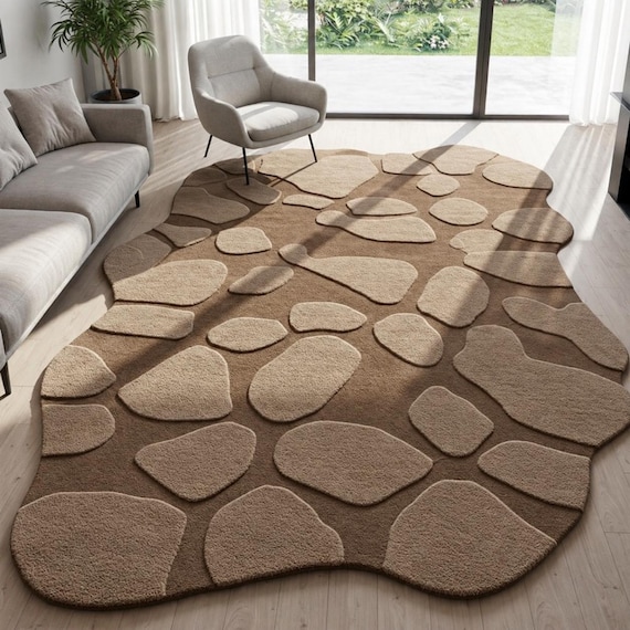 Luxury Modern Stepping Stone Area Rug – Handcrafted Beige & Brown Pebble Pattern Wool-Blend Rug for Living Room, Bedroom