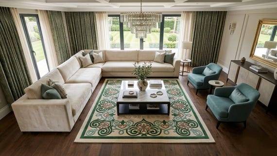 Luxury 100% Wool Hand Tufted Rug, Classic Ornamental Area Rug, Elegant Living Room & Bedroom Carpet