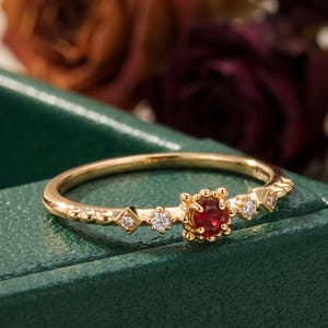 Lab-Grown Ruby Ring, Vintage-Inspired Red Stone Ring with Gold-Tone Ornamental Details