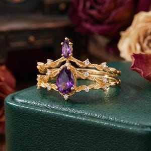 Amethyst Ring Set, S925 Silver 14k Gold Plated Stacking Rings with Purple Pear and Marquise Stones