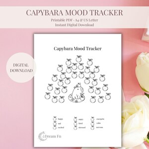 Puede incluir: Un rastreador de estado de ánimo de carpincho imprimible en blanco y negro. El diseño presenta un carpincho rodeado de ilustraciones de naranjas. El rastreador de estado de ánimo incluye palabras como feliz, triste, enojado y emocionado. El texto en la parte superior dice "CAPYBARA MOOD TRACKER".