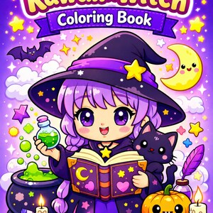 May include: A colorful illustration of a Kawaii Witch coloring book cover. The cover features a cute witch with purple hair and a black cat. The background is filled with stars, a smiling moon, and a pumpkin. The text reads "Kawaii Witch Coloring Book" and "20 Cute & Magical Pages."