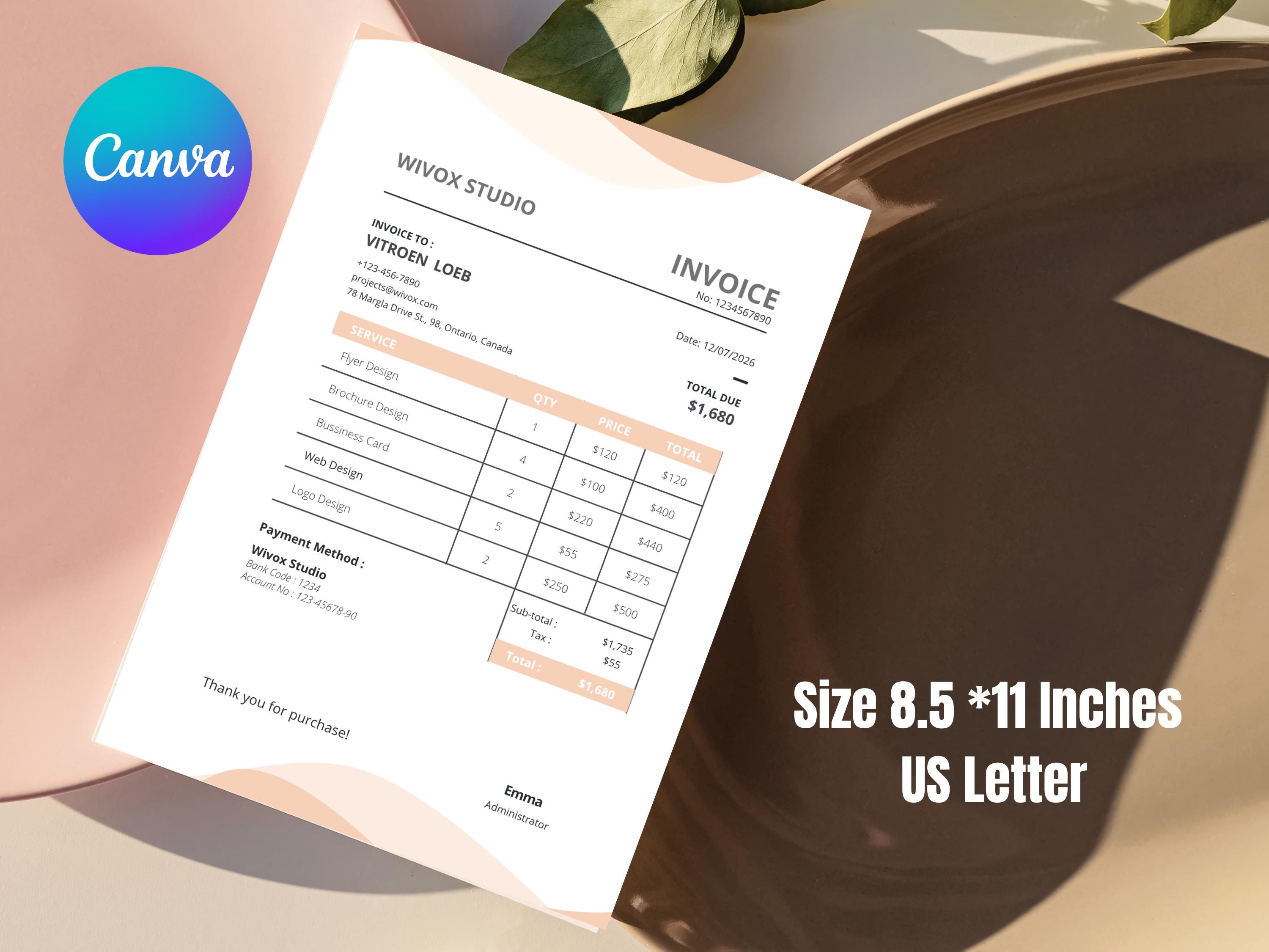 Editable Canva Invoice Template, Custom Small Business Form, Minimalist ...