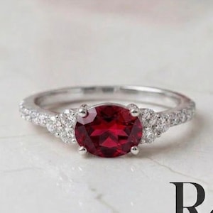 East West Ruby Ring, Horizontal Set Gemstone, Pave Diamond Band, Ruby Engagement Ring, July Birthstone Gift, Minimalist Bridal Jewelry
