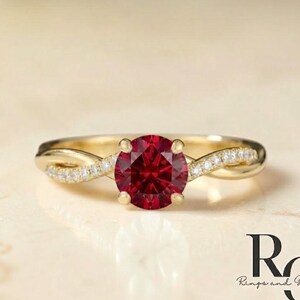 Ruby Engagement Ring, Gold Twist Band Ring, Red Gemstone Solitaire, Pave Diamond Ring, Dainty Bridal Jewelry, Promise Gift for Her