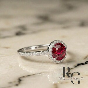 Ruby Halo Ring, Round Cut Ruby Ring, Diamond Accent Ring, Ruby Engagement Ring, Promise Ring, July Birthstone Ring, Bridal Ring image 2