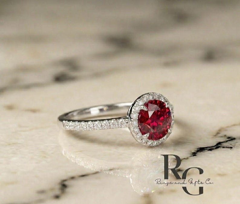 Ruby Halo Ring, Round Cut Ruby Ring, Diamond Accent Ring, Ruby Engagement Ring, Promise Ring, July Birthstone Ring, Bridal Ring image 2