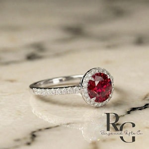 Ruby Halo Ring, Round Cut Ruby Ring, Diamond Accent Ring, Ruby Engagement Ring, Promise Ring, July Birthstone Ring, Bridal Ring image 11