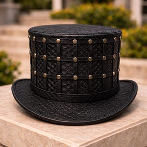 Puede incluir: Sombrero de copa negro con un patrón texturizado similar a la piel de serpiente. El sombrero presenta una banda de cuero trenzado alrededor de la corona, asegurada con remaches dorados espaciados uniformemente. El ala es curva y el sombrero es de cuero.