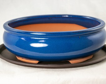 Free Shipping Oval Bonsai pot, Cactus & Succulent Planter + Mesh + Tray 10"x 7.75"x 3.25" - Blue Stain Glazed