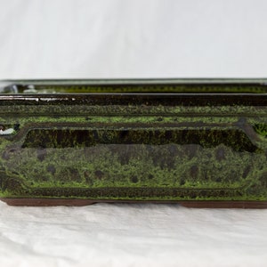 May include: A rectangular green glazed ceramic bonsai pot with a brown rim and base.