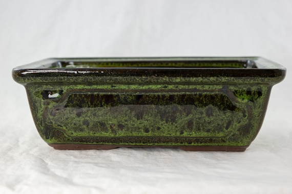 Yubonzai Rectangular Moss Green Glazed Bonsai Pot, Cactus & Succulent Planter 8"x 5.75"x 2.5" - Pot/Combo
