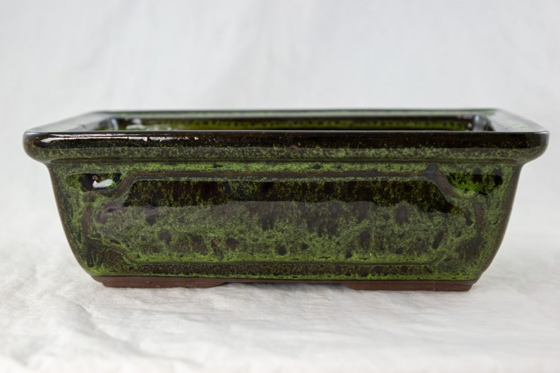 May include: A rectangular green glazed ceramic bonsai pot with a brown rim and base.