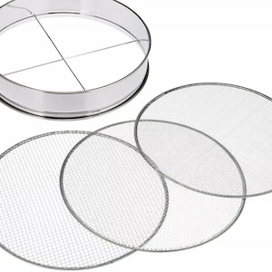 May include: Set of four round stainless steel mesh sifters. The sifters are stacked on top of each other, with the largest sifter on the bottom and the smallest sifter on top.
