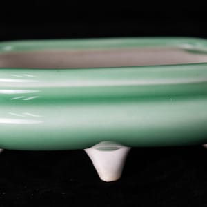 May include: A light green ceramic planter with a white interior and three white feet. The planter is oval shaped and has a smooth, glossy finish.