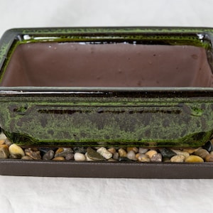 Free Shipping 8" Rectangular Moss Green Bonsai Pot, Cactus & Succulent Planter + Tray + Rock + Mesh Combo