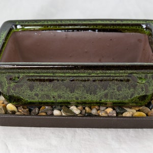 Yubonzai 8&quot; Rectangular Moss Green Bonsai Pot, Cactus & Succulent Planter + Tray + Rock + Mesh Combo