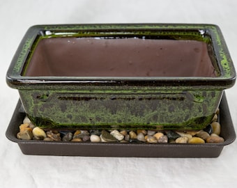 Free Shipping 8" Rectangular Moss Green Bonsai Pot, Cactus & Succulent Planter + Tray + Rock + Mesh Combo