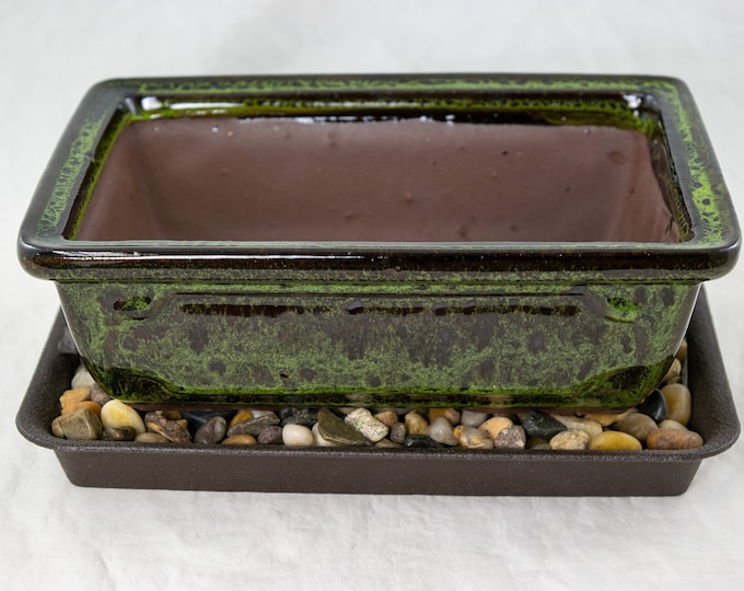 Yubonzai 8" Rectangular Moss Green Bonsai Pot, Cactus & Succulent Planter + Tray + Rock + Mesh Combo