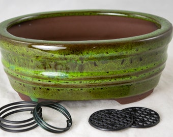 Yubonzai Oval Glazed Cactus & Succulent Planter, Shohin Bonsai Pot + Mesh + Wires 6"x 4.5"x 2.5" - Blue / Moss Green