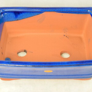 May include: A blue glazed rectangular bonsai pot with a terracotta interior. The pot has three drainage holes and a gold accent on the bottom.