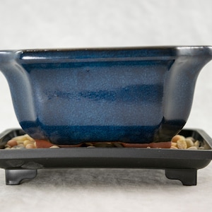 Yubonzai Rectangular Dark Blue Glazed Shohin Bonsai Pot, Cactus & Succulent Planter 5"x 4.25"x 2.25" - Pot/ Combo