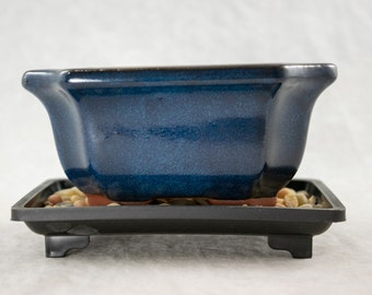 Free Shipping 5" Rectangular Dark Blue Shohin Bonsai Pot, Cactus & Succulent Planter + Tray + Rock + Mesh Combo