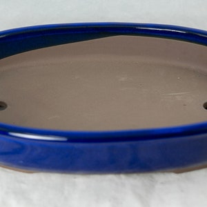 May include: A blue oval ceramic bonsai pot with two drainage holes in the bottom.