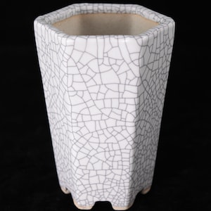 May include: White ceramic hexagonal planter with a crackle glaze finish. The planter has a wide opening and a slightly flared base.