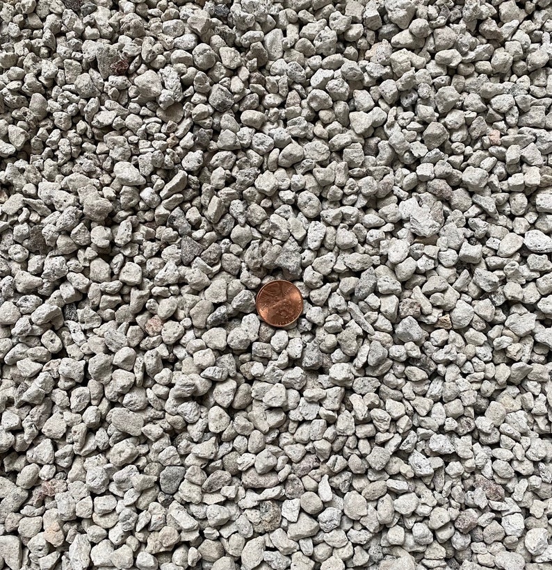 May include: A close-up view of a pile of small, white, and gray gravel. A penny is placed on top of the gravel for scale.