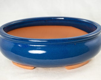 Free Shipping Oval Bonsai pot, Cactus & Succulent Planter + Mesh 10"x 7.75"x 3.25" - Blue Stain Glazed
