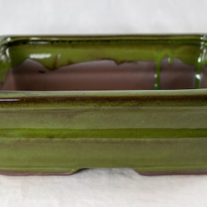 May include: A rectangular green glazed ceramic bonsai pot with a brown rim.