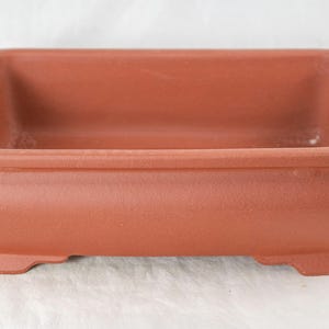 May include: A rectangular terracotta-colored bonsai pot. The pot has a rounded base and small feet. The rim is slightly flared. The pot is empty and ready for planting. The pot is made of ceramic.
