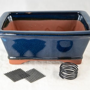 Yubonzai 8&quot; Rectangular Dark Blue Bonsai Pot, Cactus & Succulent Planter + Tray + Rock + Mesh and Wire - Pot/Combo