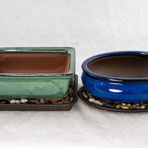 Yubonzai 2 x 8" Amazing Glazed Bonsai Pot, Cactus & Succulent Planter + Tray + Rock + Mesh Combo
