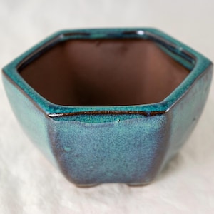 May include: A teal-glazed ceramic bonsai pot with a hexagonal shape. The interior is a dark brown color, contrasting with the exterior's glossy, mottled teal finish. The pot has a low profile and is designed for planting small trees.
