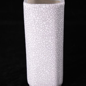 May include: A white ceramic vase with a crackled glaze finish. The vase has a rectangular shape with a square opening at the top and a rounded base.