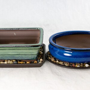 Yubonzai 2 x 8" Amazing Glazed Bonsai Pot, Cactus & Succulent Planter + Tray + Rock + Mesh Combo