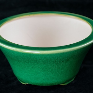 May include: A green ceramic planter with a white interior. The planter has a wide rim and a rounded base.