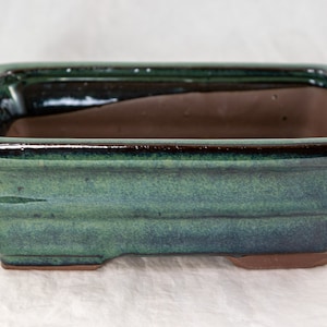 May include: A rectangular green glazed bonsai pot with a dark brown rim and a slightly textured surface.